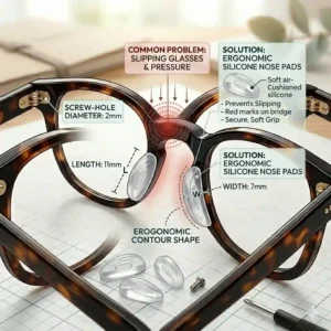 Infographic highlighting the common problem of sliding eyewear and how ergonomic glasses silicone nose pads prevent pressure marks.