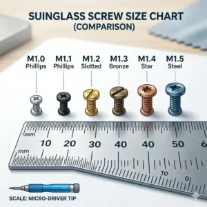 A comparative illustration showing different micro-sizes of sunglass screws next to a millimeter ruler for scale.