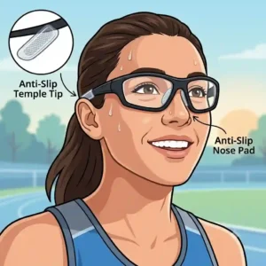 Vector illustration of a woman running outdoors confidently wearing athletic anti slip glasses.