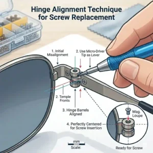 Illustration demonstrating how to align the frame hinge before inserting replacement sunglass screws.