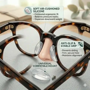 Visual demonstration of soft air-cushioned glasses silicone nose pads providing a stable, anti-slip grip on a person's nose.