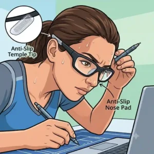 Illustration of a professional leaning over a desk working on a laptop with secure anti slip glasses.