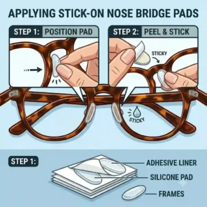 A comprehensive infographic and multi-step illustration guide for correctly applying stick-on nose bridge pads, featuring top-down, side-by-side view, and magnified inset boxes for precise placement, peel-and-stick application, adhesive liners, and final pad positioning on classic tortoise-shell frames.
