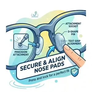 5. A step-by-step instructional graphic showing how to clean glasses frames and apply new non slip nose pads accurately.