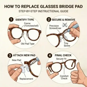 Step-by-step infographic demonstrating how to safely remove and replace a worn-out glasses bridge pad using a mini screwdriver.