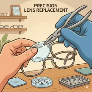 Digital illustration showing a brand new prescription lens being carefully fitted into a frame to fix eyeglasses near me.