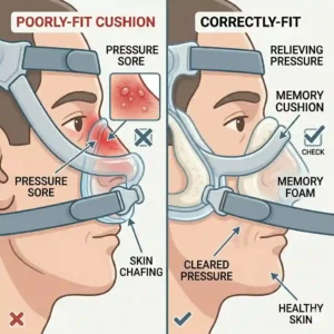 A comparative medical diagram illustrating how to prevent skin irritation by using correctly fitted nose cushions.