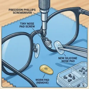 Close-up illustration of replacing a nose pad using a small spectacle screwdriver.