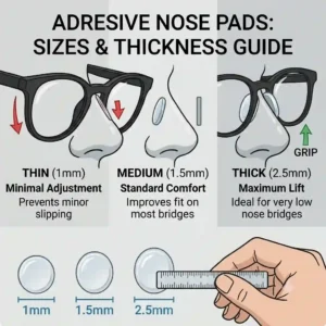 Size chart comparing different thicknesses of various adhesive nose pads for eyeglasses.