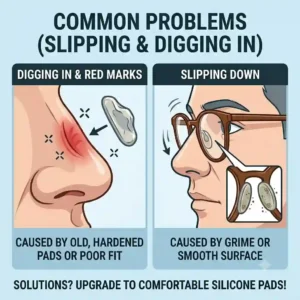 An infographic illustration highlighting common problems with eyeglass nose bridge pads, including 'Digging In & Red Marks' from hardened pads and 'Slipping Down' due to grime, complete with causative factors and a call-to-action for upgrading.