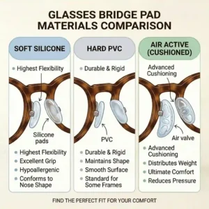 Comparative illustration detailing different materials for a glasses bridge pad, including soft silicone, hard PVC, and air-cushioned chambers.