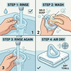 A step-by-step cleaning guide showing a hand washing the silicone nose cushions with mild soap and warm water.