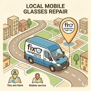 A local map graphic with a pin location and a mobile service van highlighting where to fix eyeglasses near me for quick walk-in service.