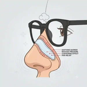 Illustration demonstrating how soft adhesive nose pads for eyeglasses reduce pressure and prevent red marks on the nose bridge.
