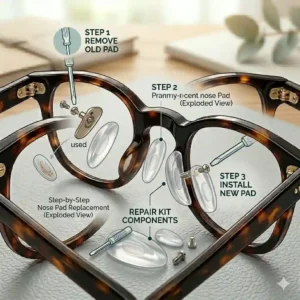 Step-by-step visual instruction showing how to remove old parts and install new glasses silicone nose pads using a repair kit.