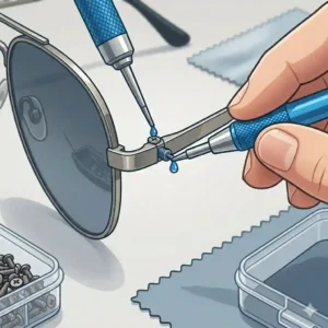 Graphic showing a drop of liquid threadlocker being applied to tiny sunglass screws to prevent them from loosening.