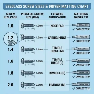 An informative chart matching common screw sizes to the correct spectacle screwdriver tip.