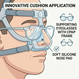 An innovative alternative application showing a user wearing reading eyeglasses equipped with integrated nose cushions.