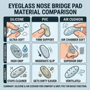 A comprehensive infographic comparison chart detailing various types of eyeglass nose bridge pads across comfort, slip resistance, and durability metrics for Silicone, PVC, and Air Cushion materials, summarizing comfort and grip vs. basic function.