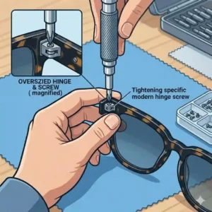 Step-by-step visual of using a spectacle screwdriver to repair a sunglass hinge.