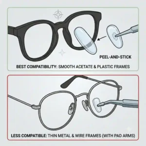 Graphic displaying compatible plastic frames that benefit most from clear adhesive nose pads for eyeglasses.