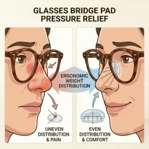Conceptual illustration showing how an ergonomic glasses bridge pad distributes weight evenly to relieve painful red nose marks.