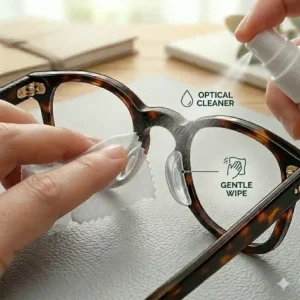 Hands safely cleaning an eyewear frame and wiping away skin oils from the transparent glasses silicone nose pads.