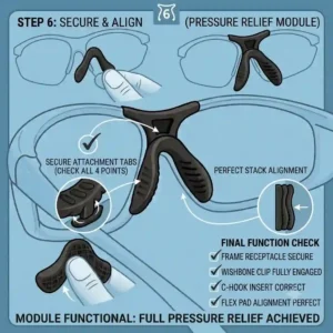 Step-by-step instructional illustration showing how to remove and click a new rubber nose piece into place on a frame.