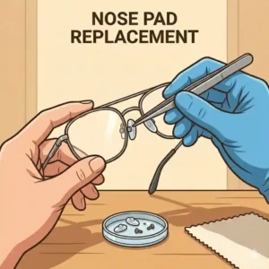 Illustration showing the detailed step-by-step process of bonding a snapped plastic acetate bridge to fix eyeglasses near me.