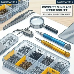 Vector illustration of an eyeglass repair set featuring tweezers, magnifying glass, and diverse sunglass screws.