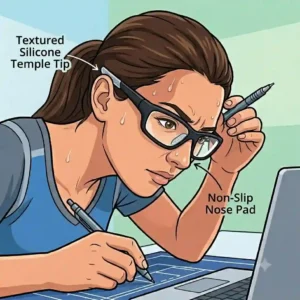 Illustration of a person sweating during a workout while their specialized anti slip glasses remain firmly in place.