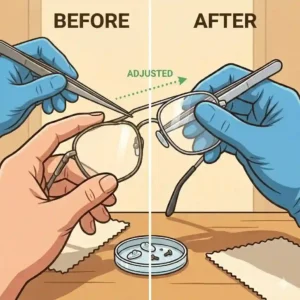 Illustration comparing a bent pair of frames beside a perfectly leveled and adjusted pair to show how to fix eyeglasses near me.