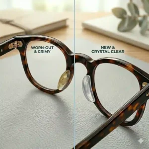 Before and after comparison of a worn-out, yellowed nose bridge piece replaced with brand new, crystal clear glasses silicone nose pads.