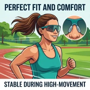 8. A side-by-side comparison illustration showing glasses slipping out of alignment versus glasses sitting perfectly straight using non slip nose pads.