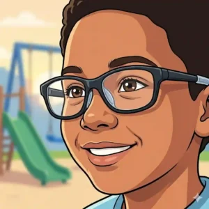 Colorful illustration of a child playing at a park wearing durable and flexible anti slip glasses.