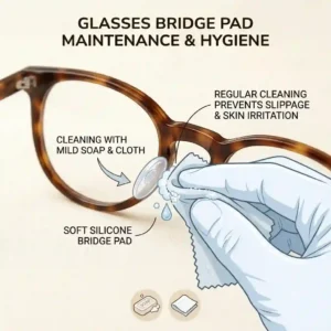 Illustration showing the proper way to clean a silicone glasses bridge pad using mild soap and a microfiber cloth for better hygiene.