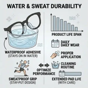 Icon illustration highlighting the sweat-resistant and waterproof durability of high-quality adhesive nose pads for eyeglasses.