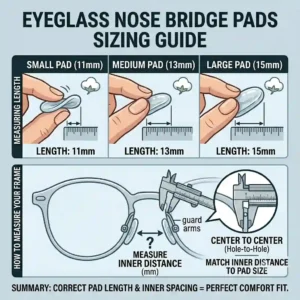 An illustrative sizing and measurement guide for accurately choosing the correct size of eyeglass nose bridge pads, featuring annotated dimensions, a hand holding small, medium, and large pads (11mm, 13mm, 15mm), and a magnified inset with calipers measuring frame spacing.