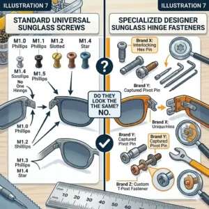 Illustration comparing standard universal sunglass screws with specialized designer sunglass hinge fasteners.