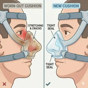 A side-by-side comparison illustrating when it is time to replace old and worn-out nose cushions with a new one.