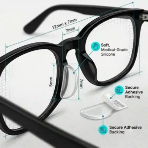 Infographic showing measurements of eyeglass stick on nose pads for perfect frame fit.