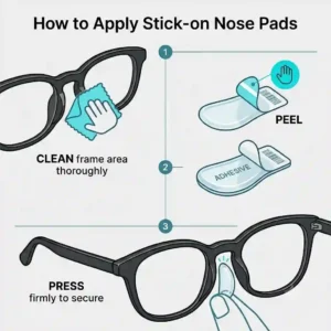 A step-by-step guide illustrating how to install eyeglass stick on nose pads onto glasses.
