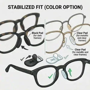 Display of various color options for eyeglass stick on nose pads to match different frame styles.