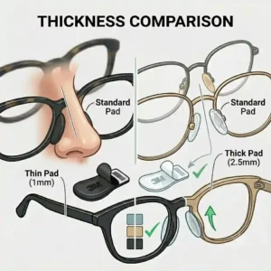 Comparison chart showing different thickness levels of eyeglass stick on nose pads for user comfort.