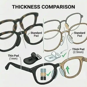 Demonstration showing eyeglass stick on nose pads are compatible with plastic and wire frames.