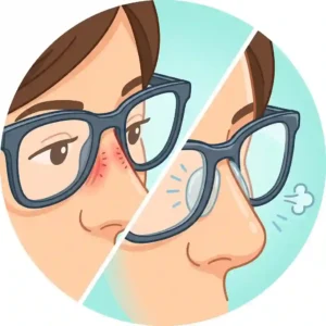 Illustration showing how eyeglass stick on nose pads help reduce pressure and red marks on the nose.