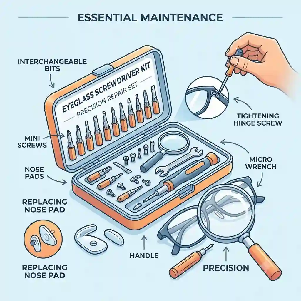 Complete eyeglass screwdriver kit with precision bits and a pair of reading glasses on a clean background.