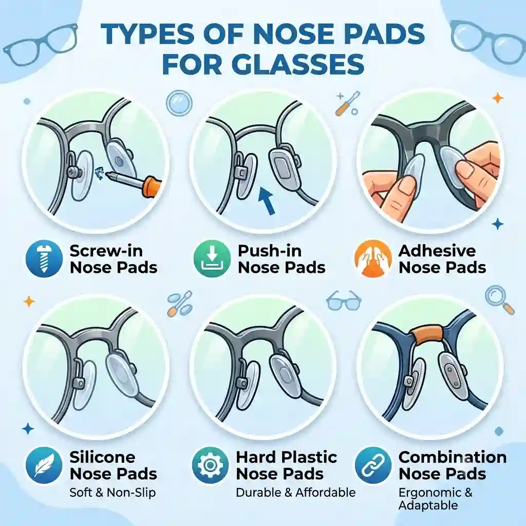 A comprehensive infographic showcasing various types of nose pads for glasses, including screw-in, push-in, and adhesive options.