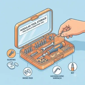 An open case showing the complete contents of an eyeglass screwdriver kit including micro screws, nose pads, and tweezers.