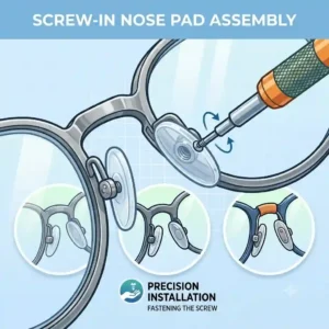 Detailed illustration of screw-in nose pads for glasses being installed on a metal frame.